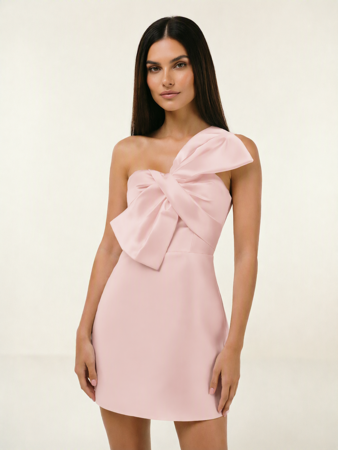 One Shoulder Oversized Bow Satin Mini Dress