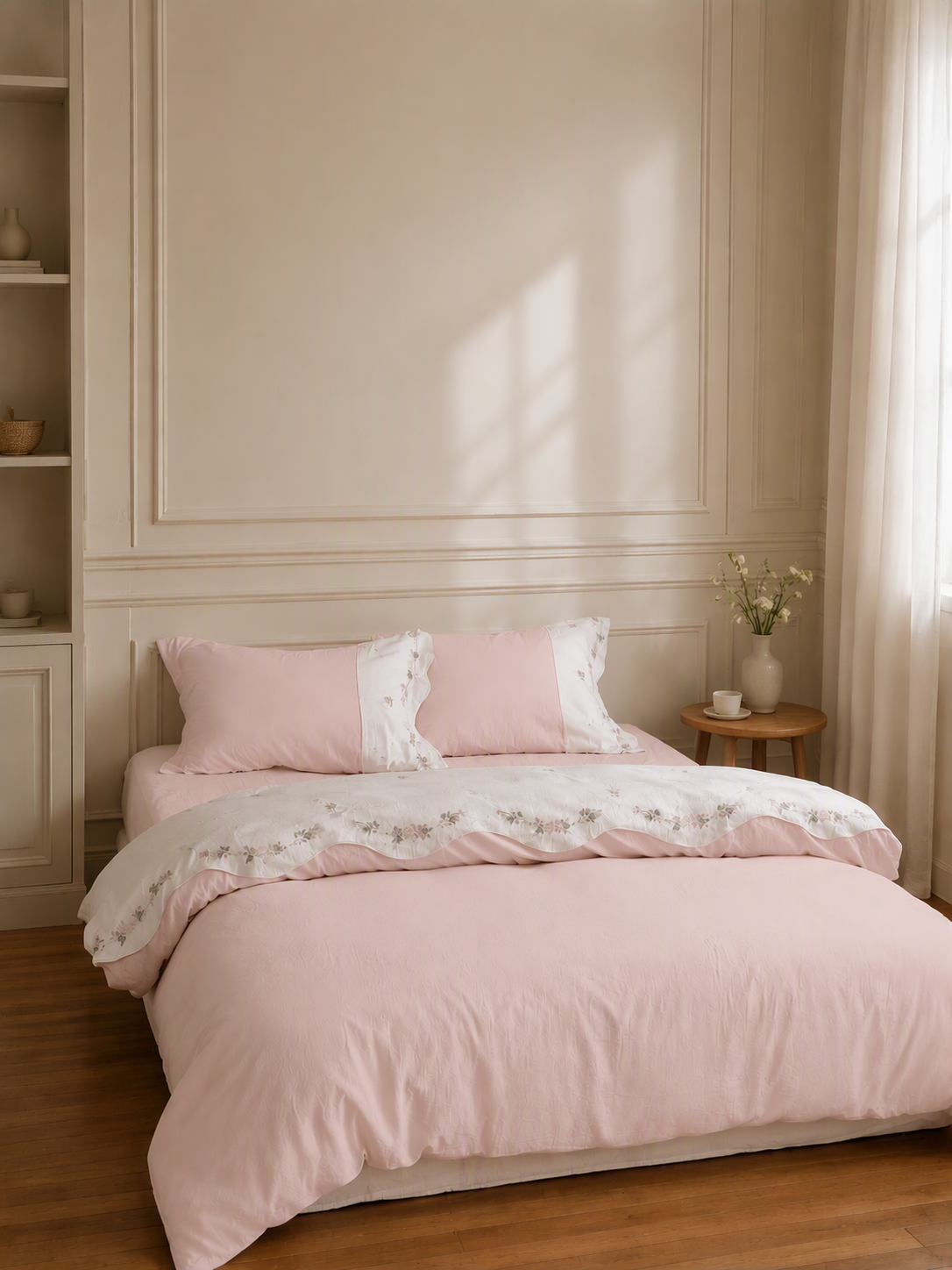 Floral Embroidery Patchwork Washed Cotton Bedding Set