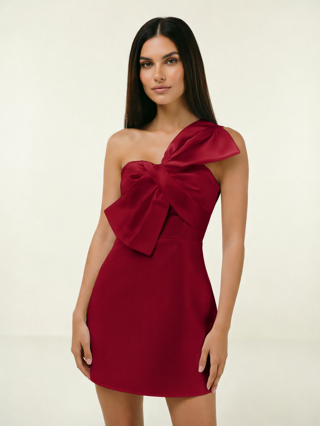 One Shoulder Oversized Bow Satin Mini Dress