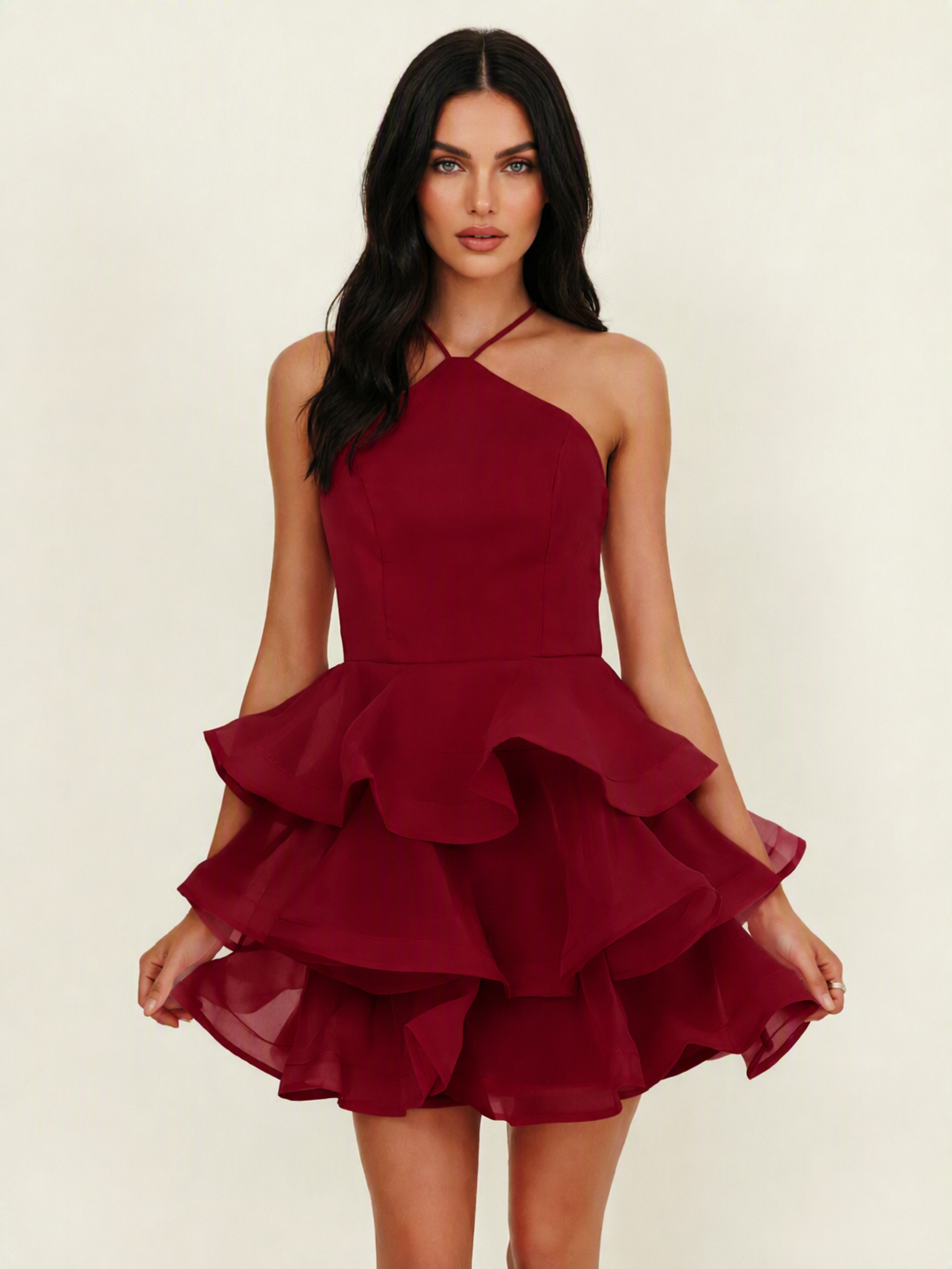 Halter Tiered Ruffle Mini Dress Lace Up Back Cocktail Party Gown