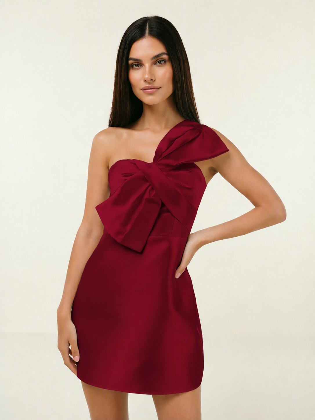 One Shoulder Oversized Bow Satin Mini Dress