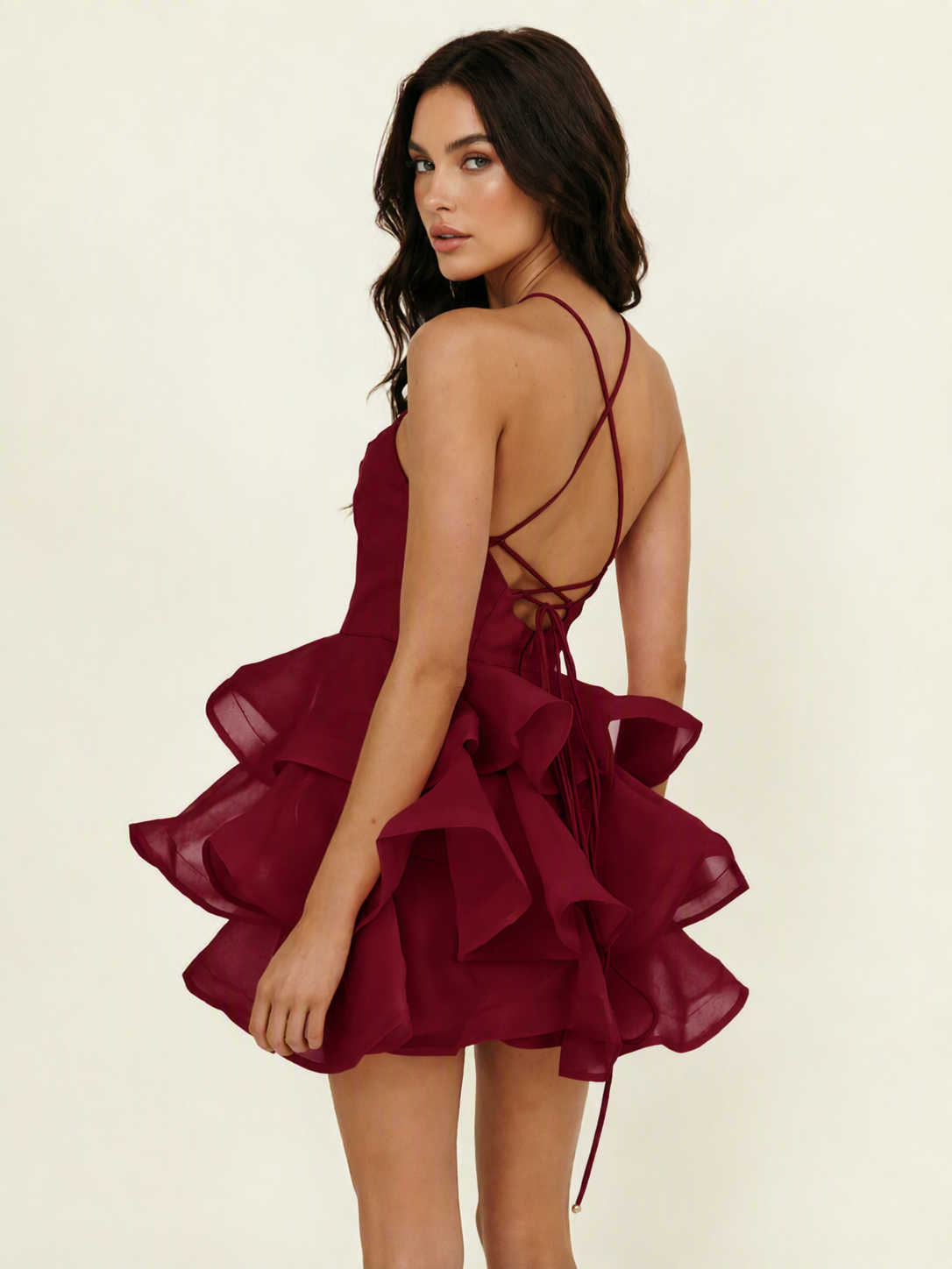 Halter Tiered Ruffle Mini Dress Lace Up Back Cocktail Party Gown