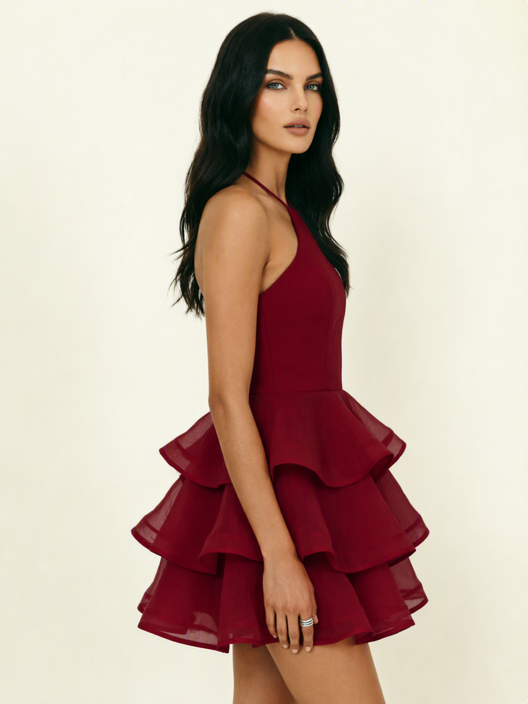 Halter Tiered Ruffle Mini Dress Lace Up Back Cocktail Party Gown
