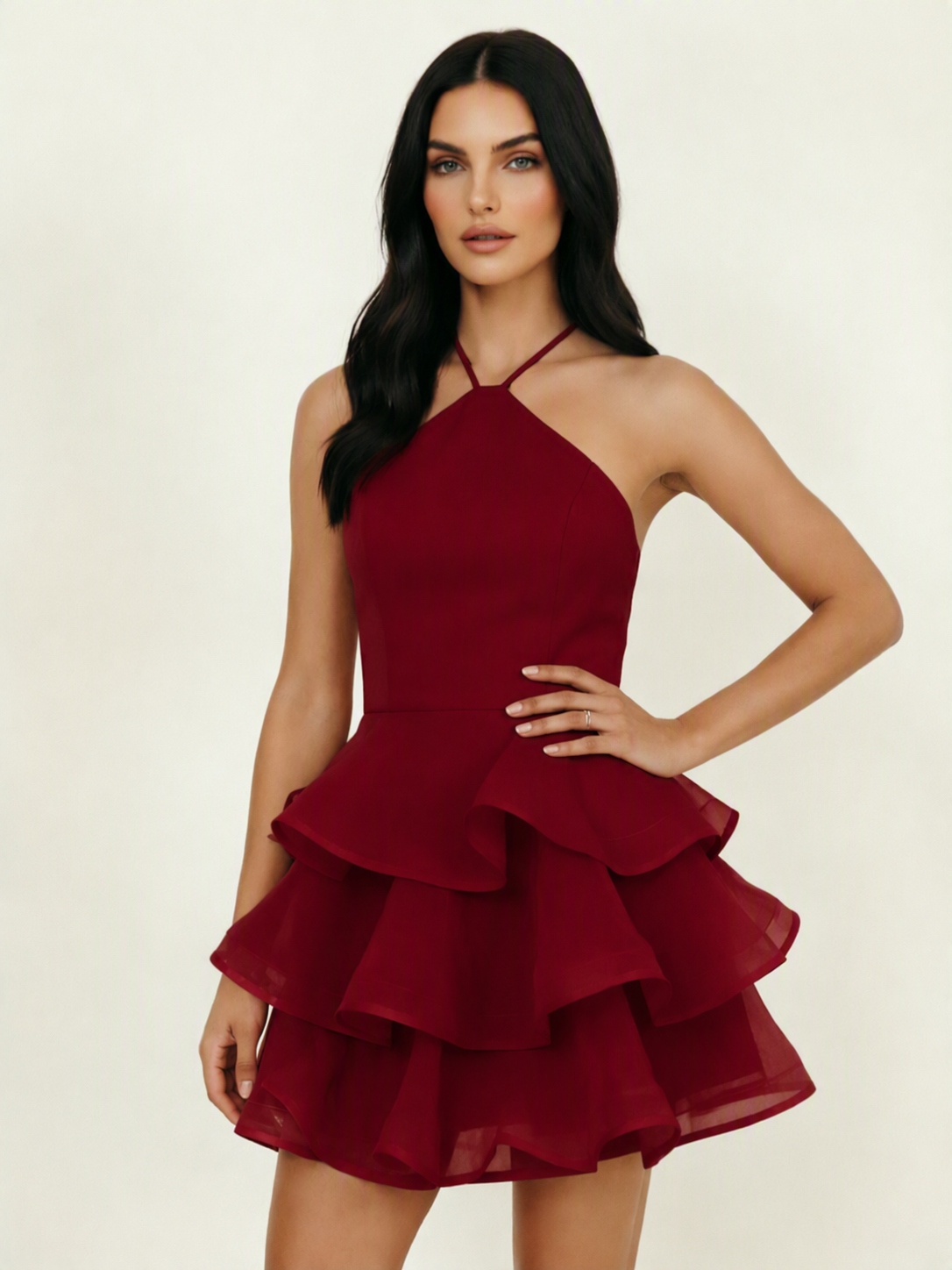 Halter Tiered Ruffle Mini Dress Lace Up Back Cocktail Party Gown