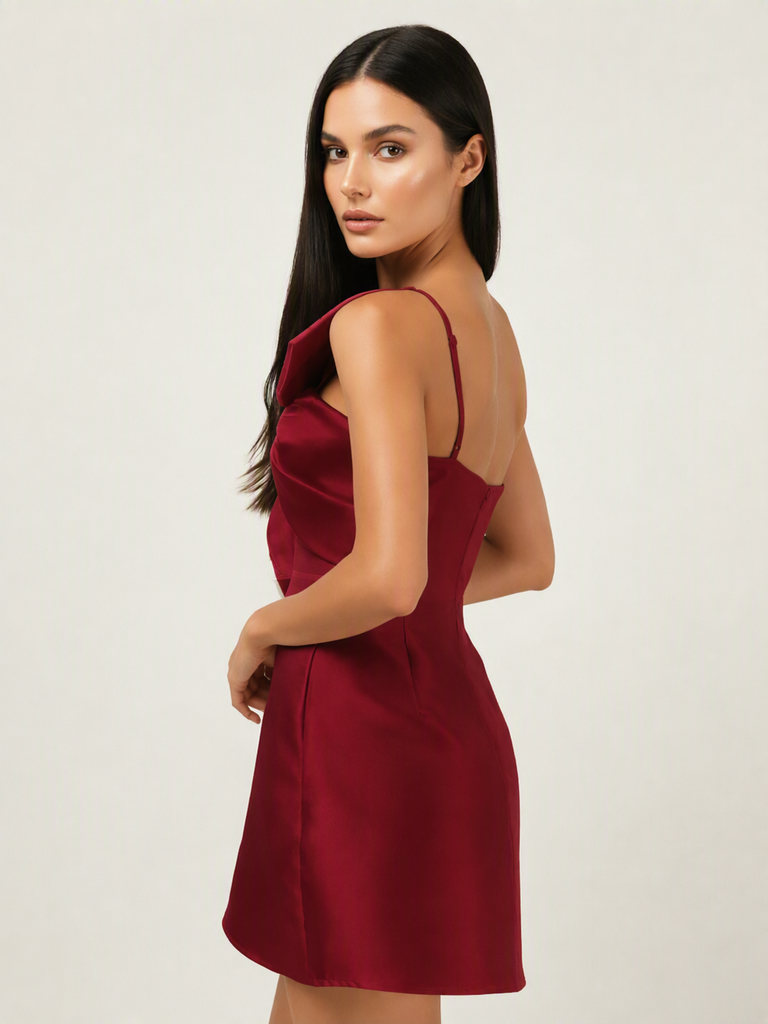 One Shoulder Oversized Bow Satin Mini Dress