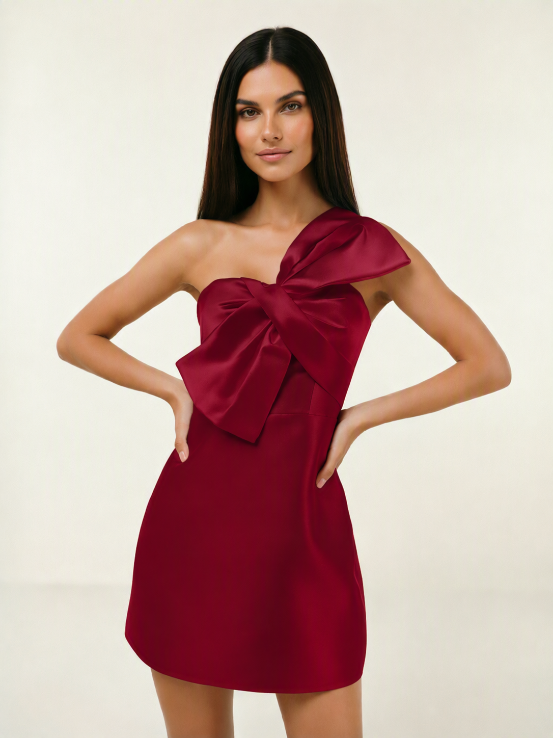 One Shoulder Oversized Bow Satin Mini Dress