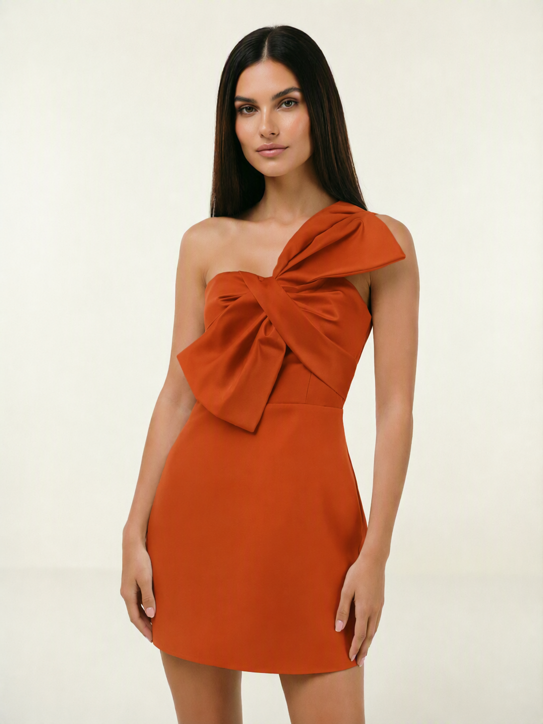 One Shoulder Oversized Bow Satin Mini Dress