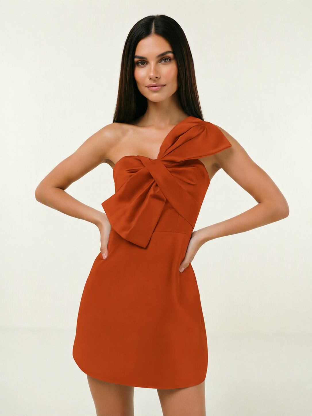 One Shoulder Oversized Bow Satin Mini Dress