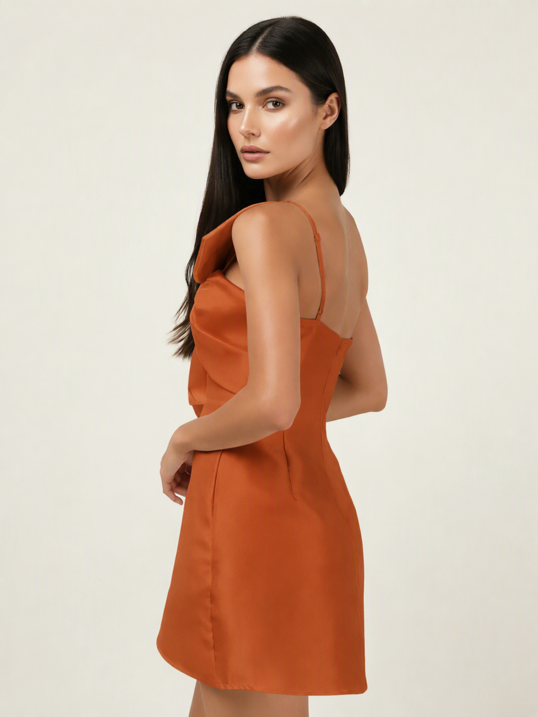 One Shoulder Oversized Bow Satin Mini Dress