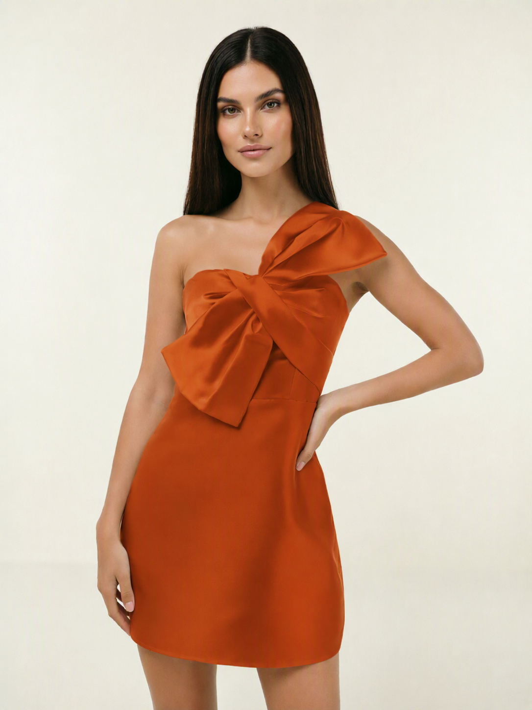 One Shoulder Oversized Bow Satin Mini Dress