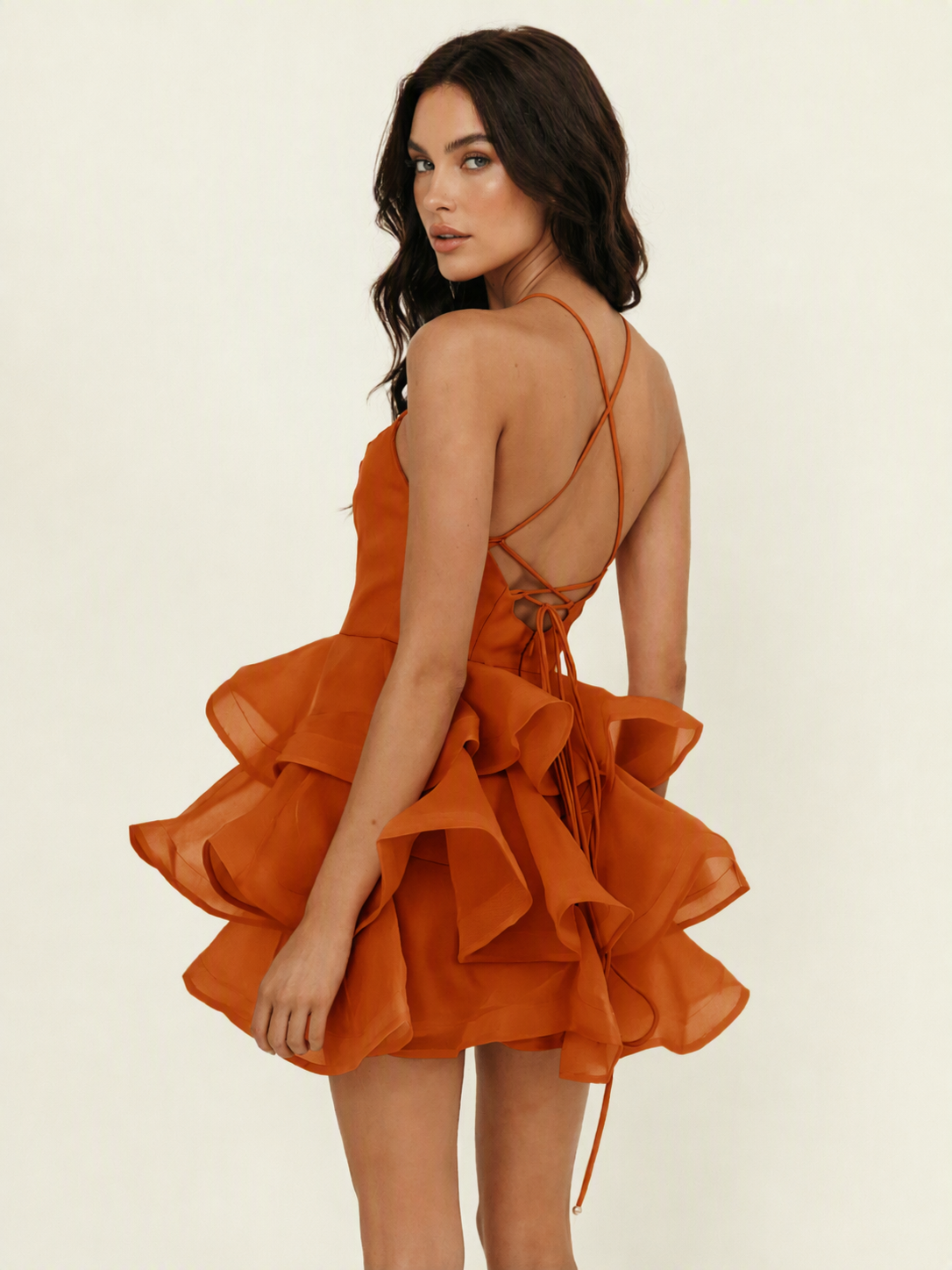 Halter Tiered Ruffle Mini Dress Lace Up Back Cocktail Party Gown