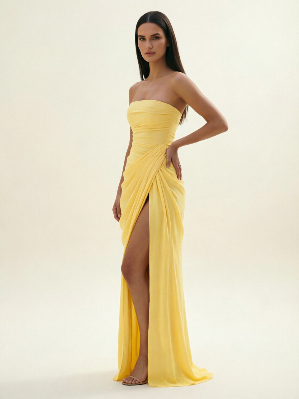 Strapless Ruched High Slit Maxi Dress
