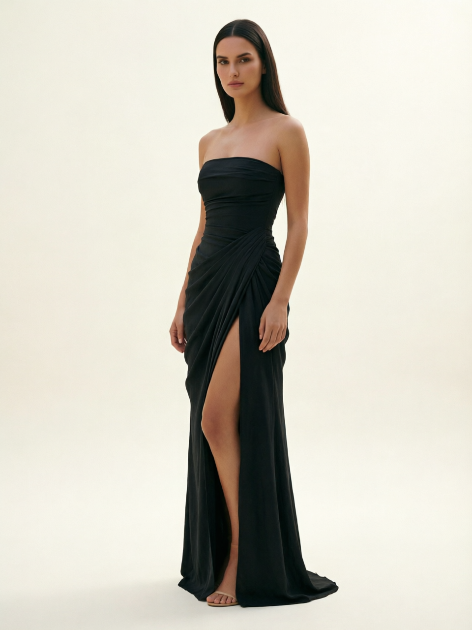 Strapless Ruched High Slit Maxi Dress