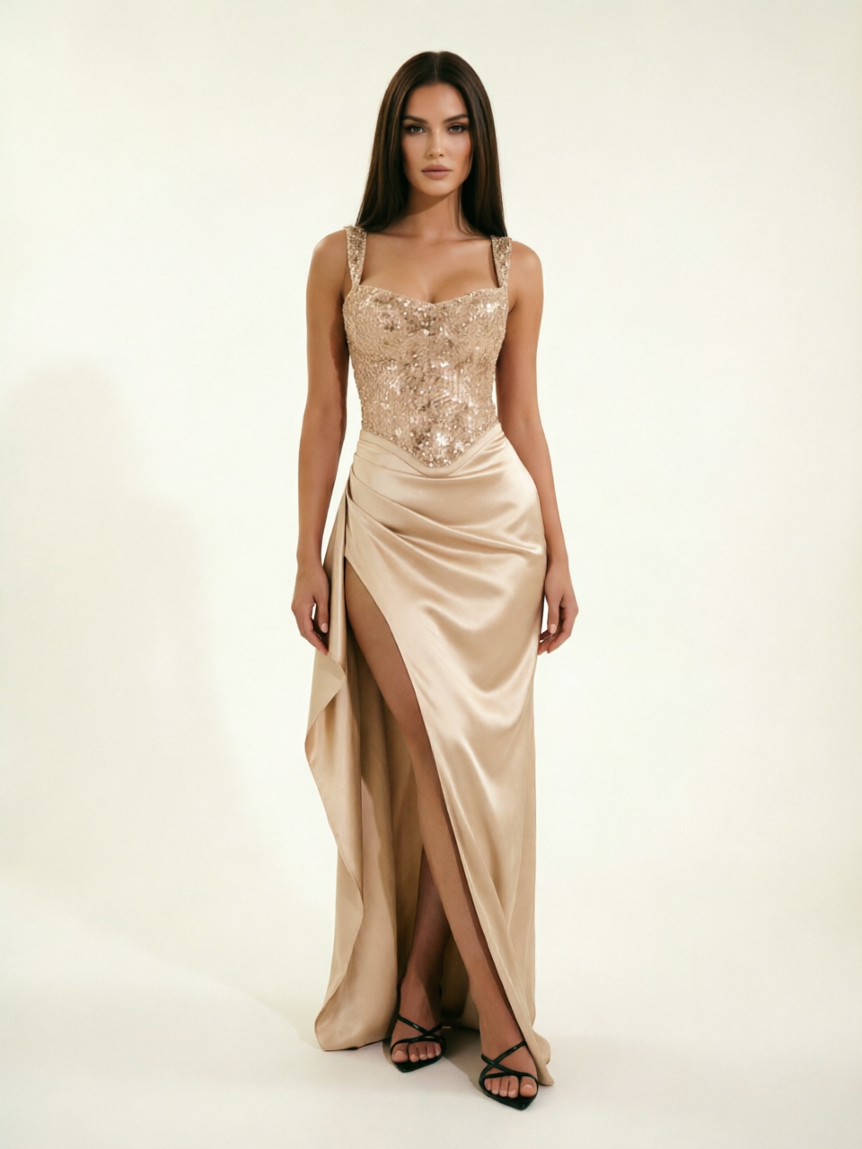 Sequin Corset Satin High Slit Formal Maxi Dress