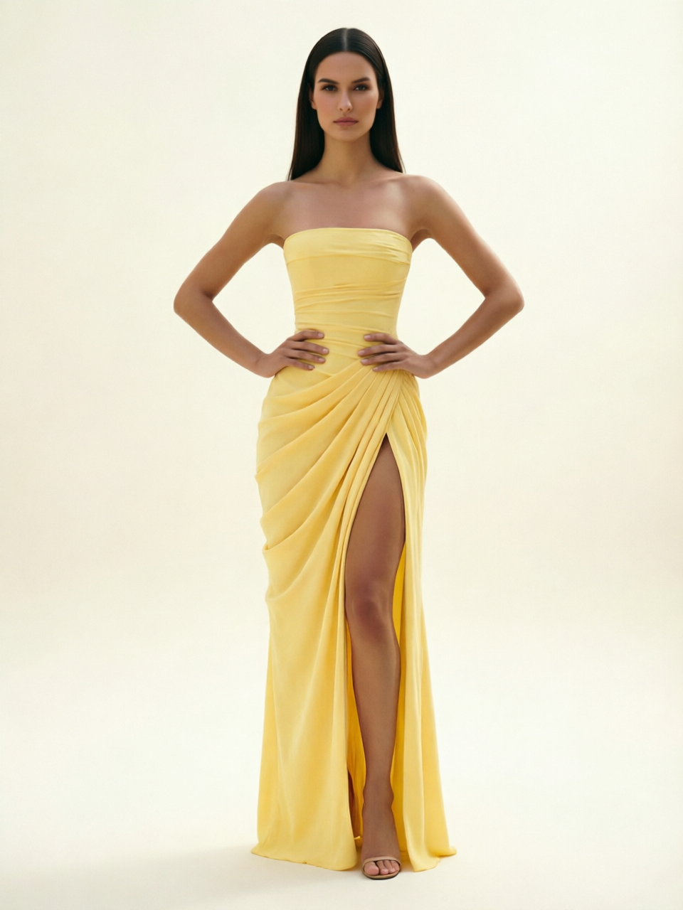 Strapless Ruched High Slit Maxi Dress