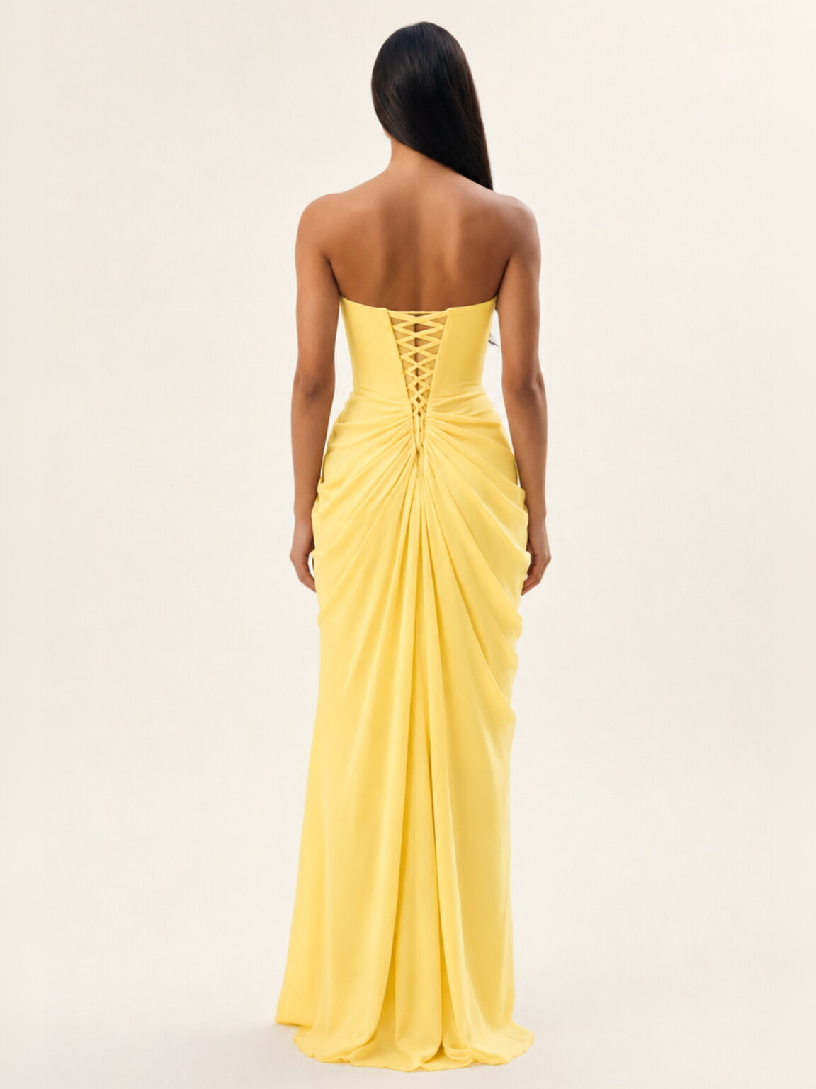 Strapless Ruched High Slit Maxi Dress