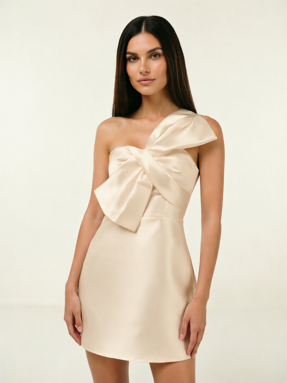One Shoulder Oversized Bow Satin Mini Dress