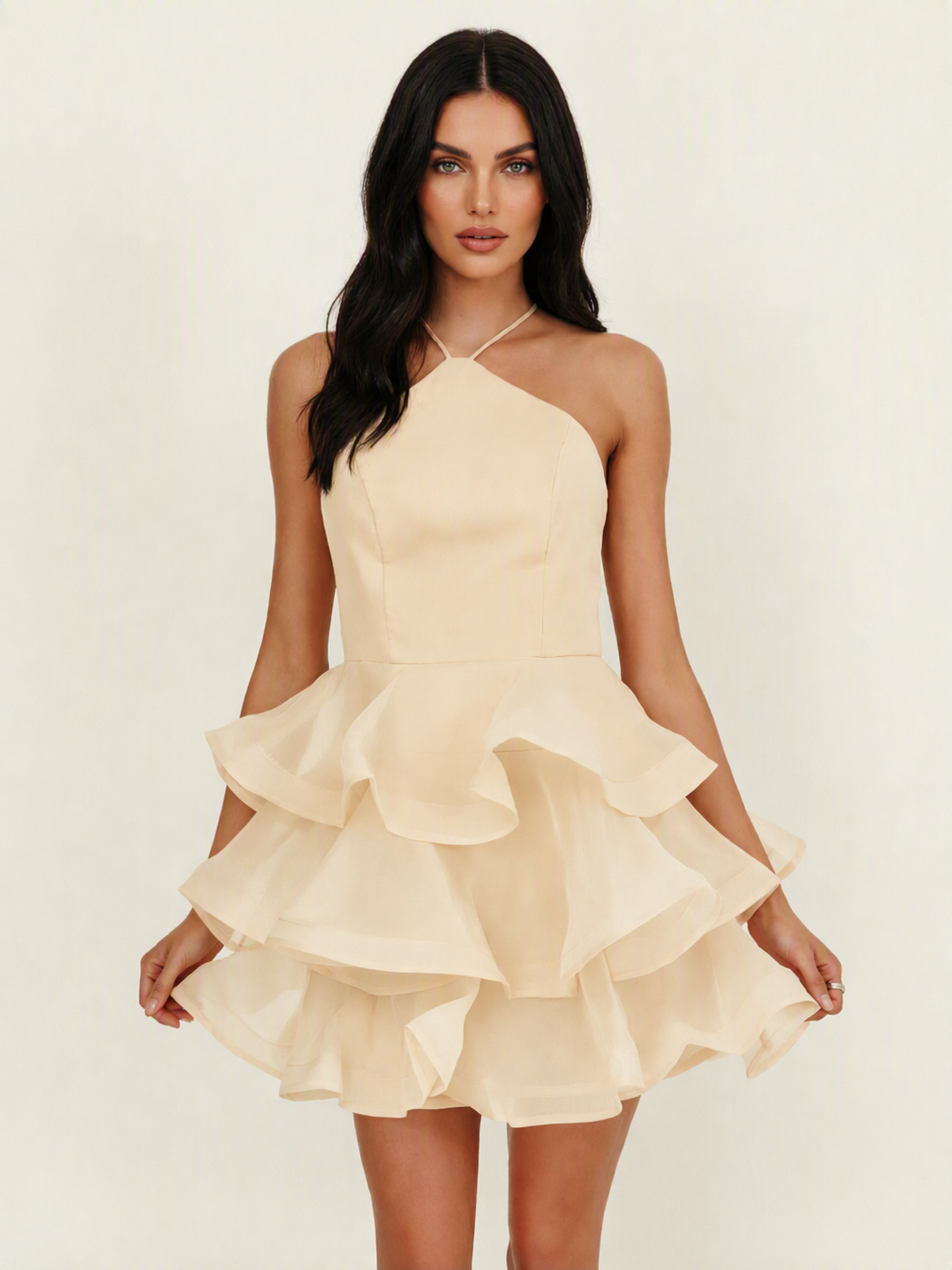 Halter Tiered Ruffle Mini Dress Lace Up Back Cocktail Party Gown