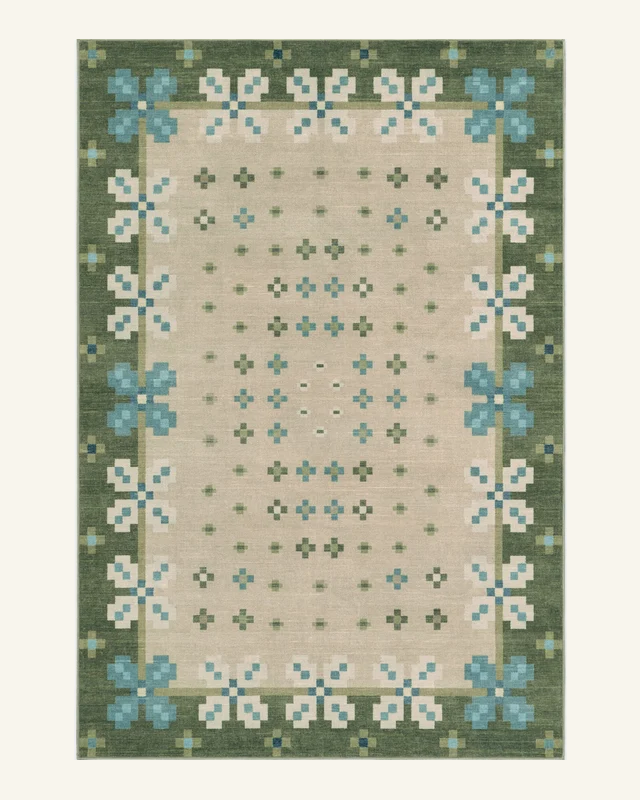 Vintage Green Blue Geometric Border Short‑Pile Area Rug