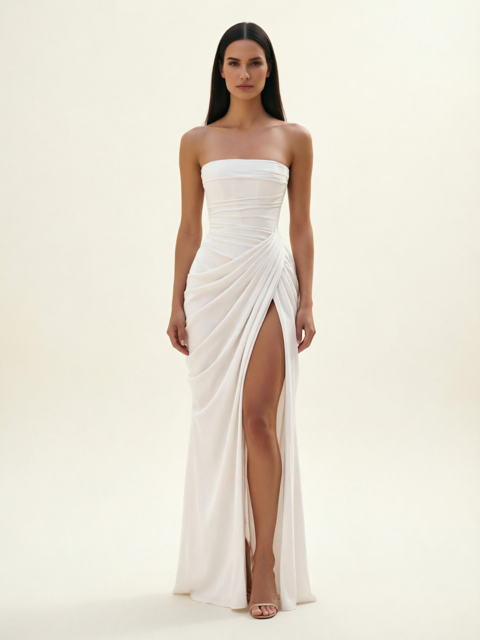 Strapless Ruched High Slit Maxi Dress