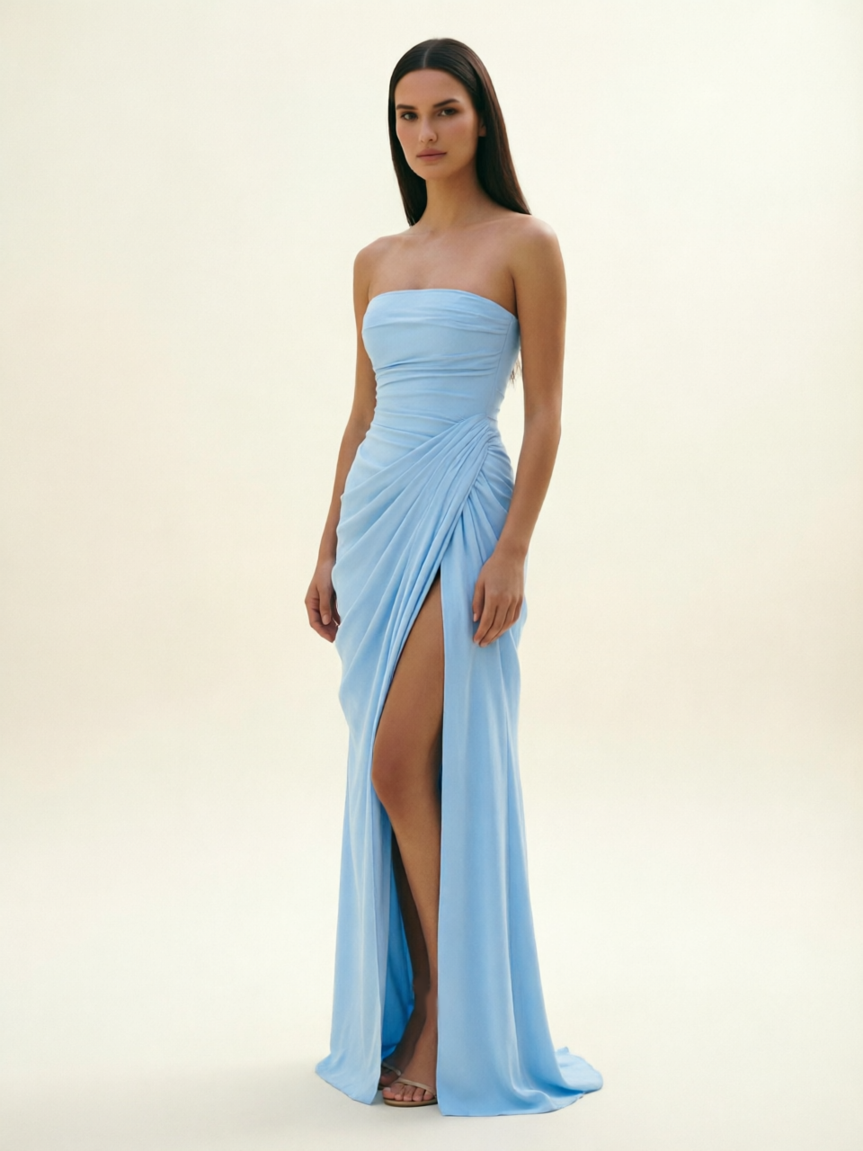 Strapless Ruched High Slit Maxi Dress