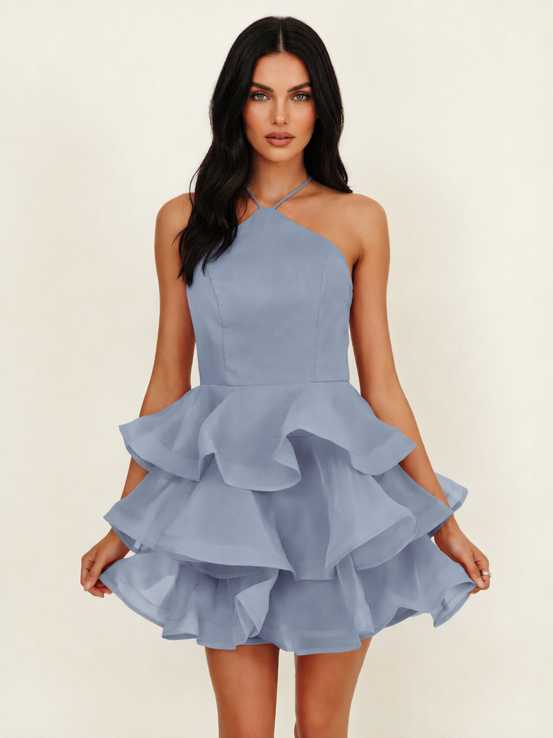Halter Tiered Ruffle Mini Dress Lace Up Back Cocktail Party Gown