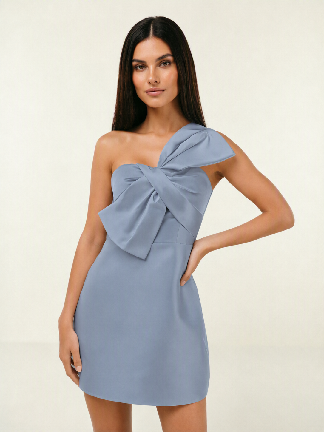 One Shoulder Oversized Bow Satin Mini Dress