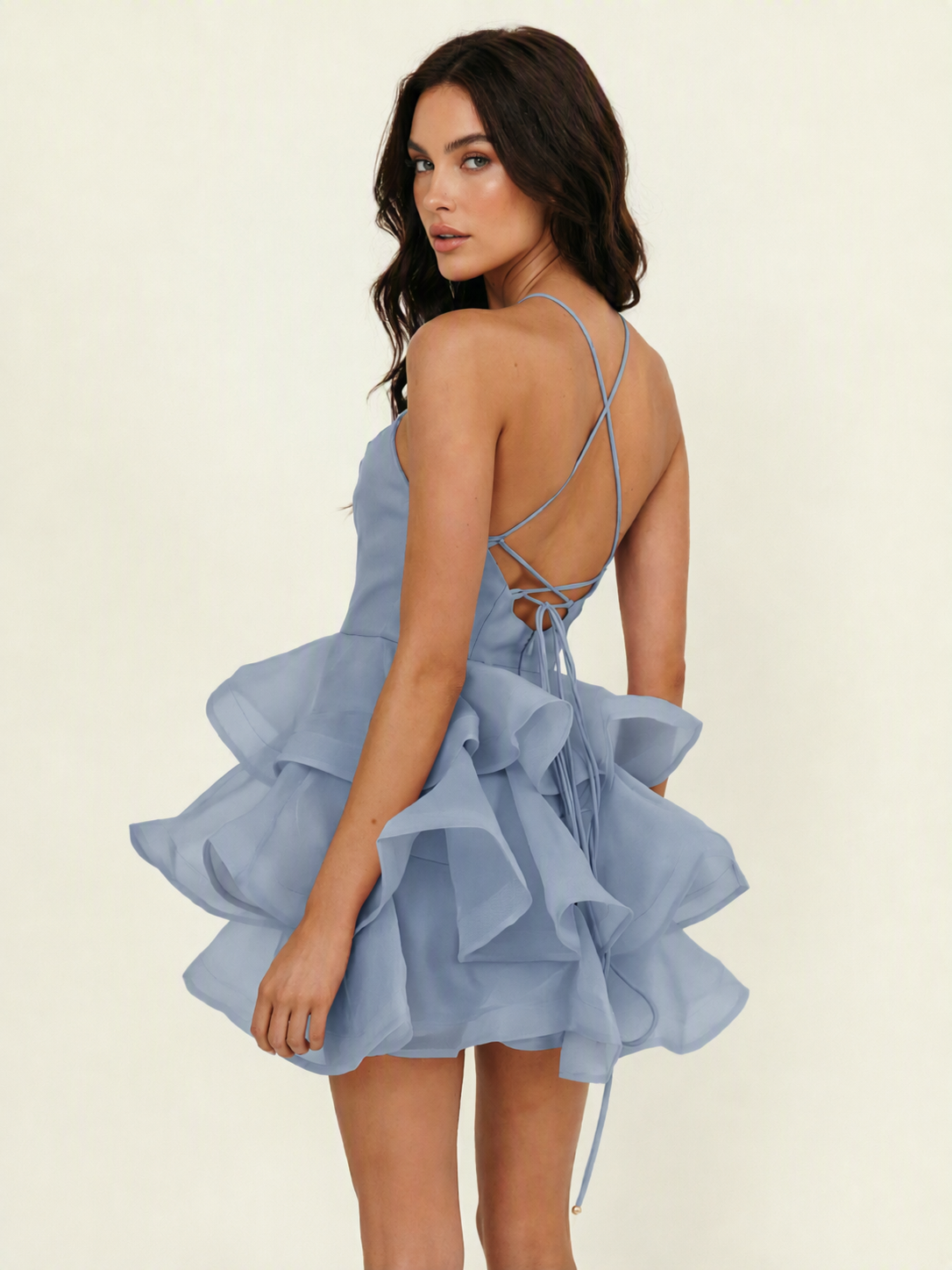 Halter Tiered Ruffle Mini Dress Lace Up Back Cocktail Party Gown