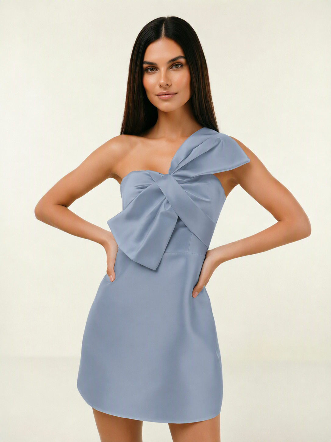 One Shoulder Oversized Bow Satin Mini Dress