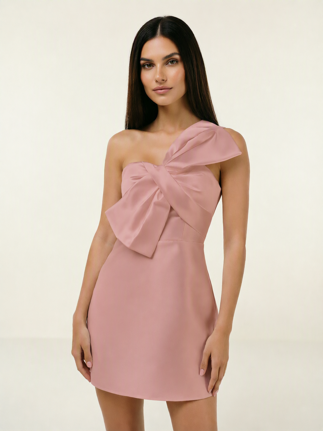 One Shoulder Oversized Bow Satin Mini Dress