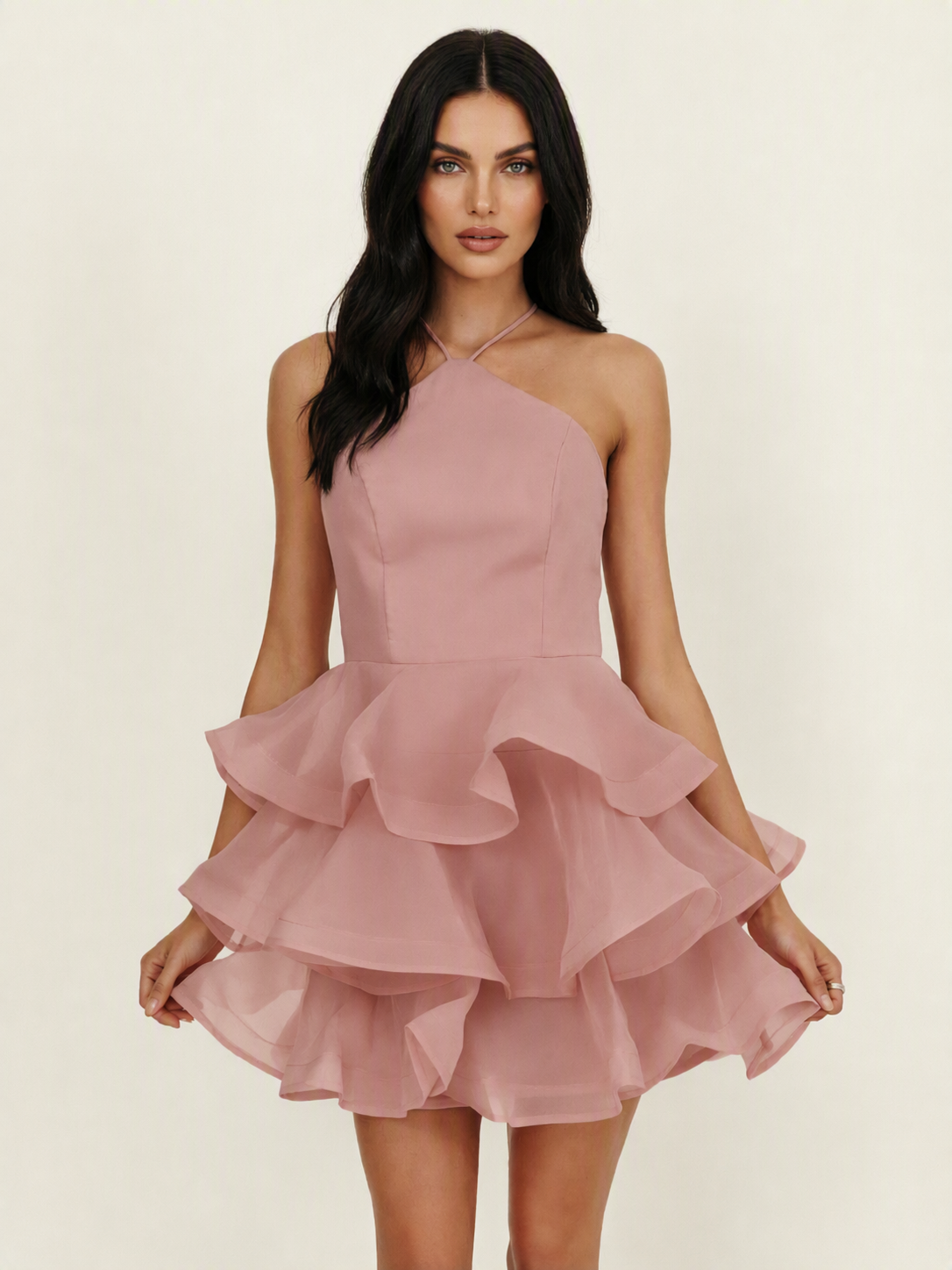 Halter Tiered Ruffle Mini Dress Lace Up Back Cocktail Party Gown