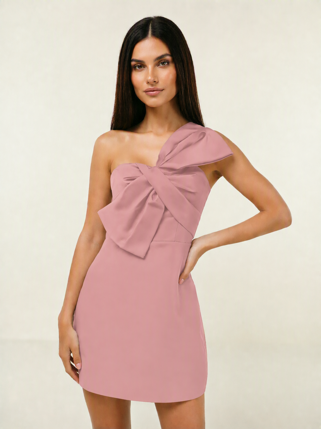 One Shoulder Oversized Bow Satin Mini Dress