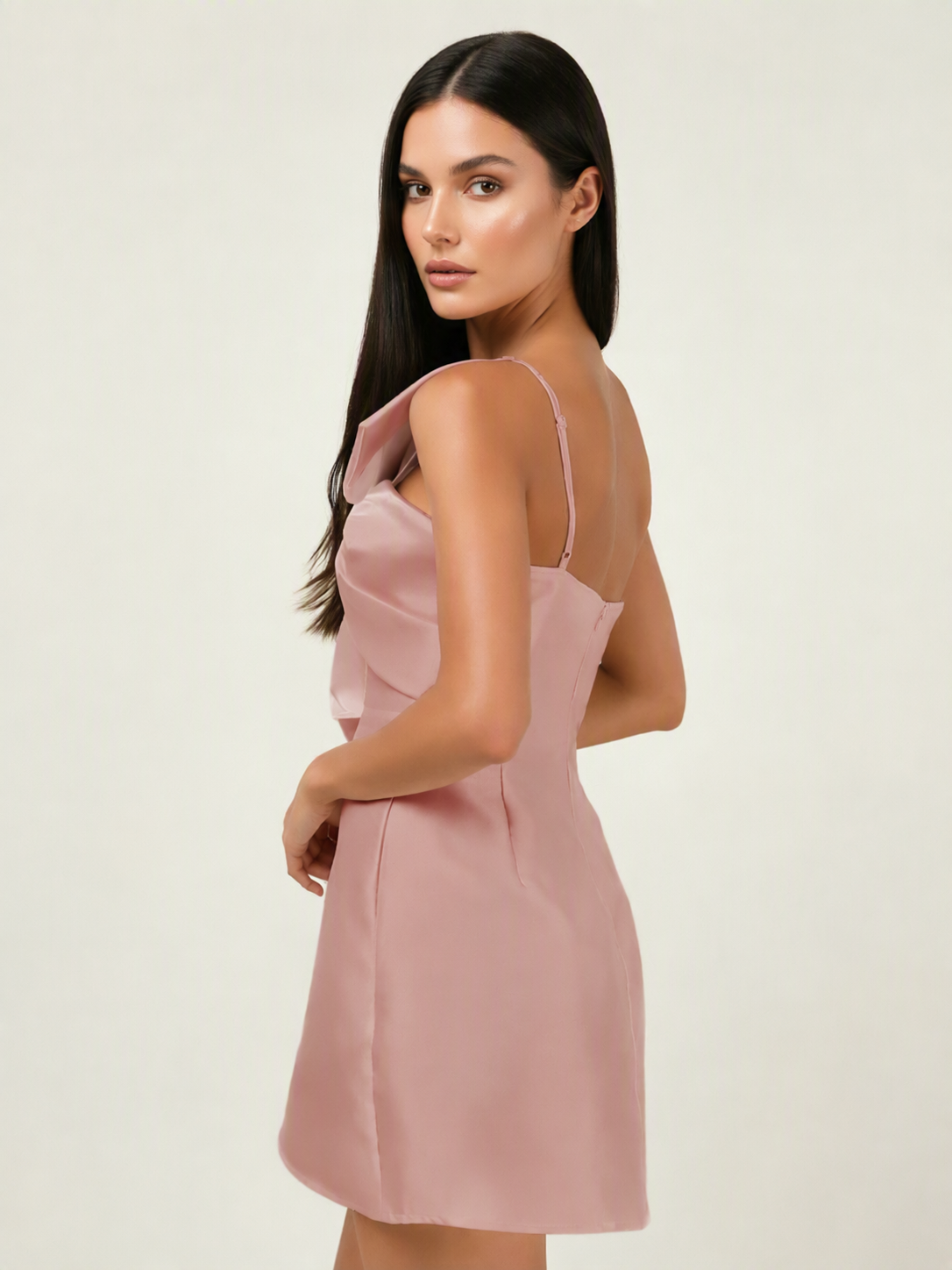 One Shoulder Oversized Bow Satin Mini Dress