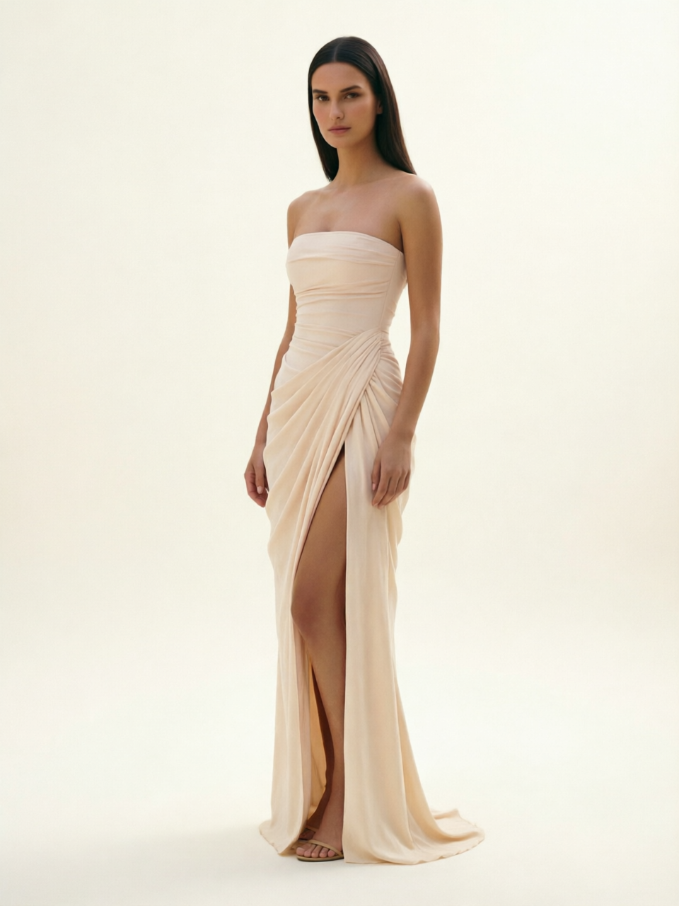 Strapless Ruched High Slit Maxi Dress