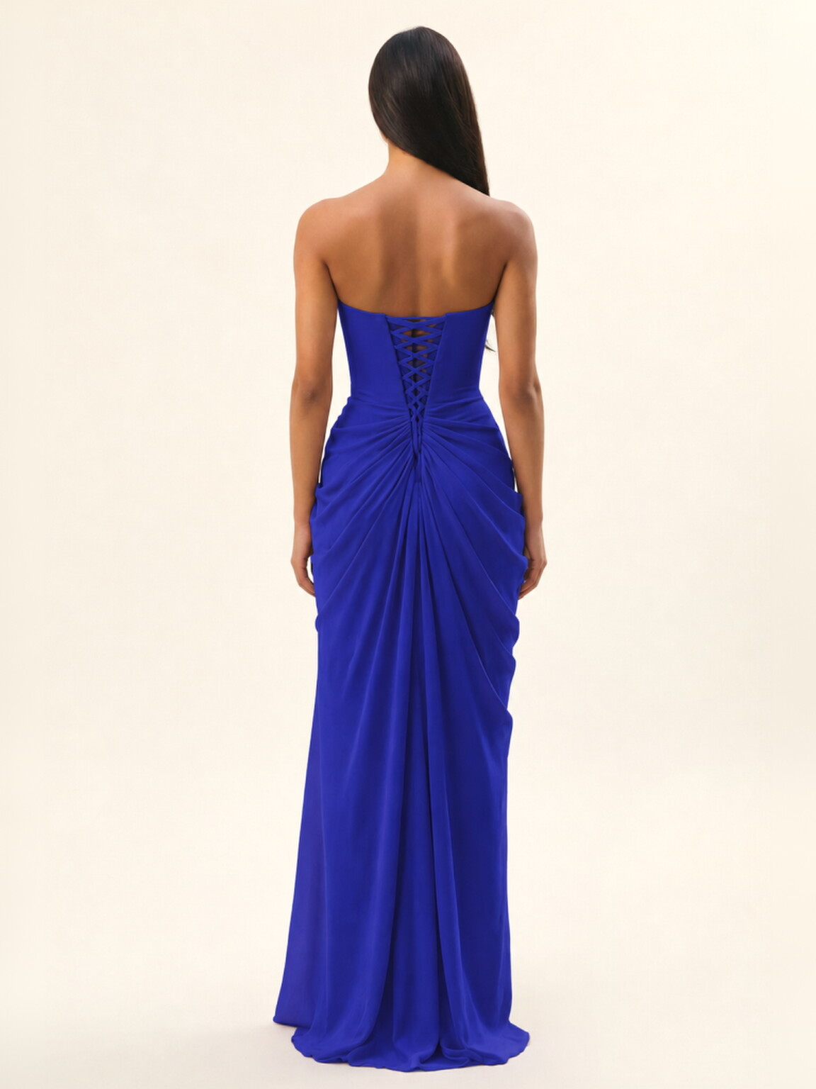 Strapless Ruched High Slit Maxi Dress