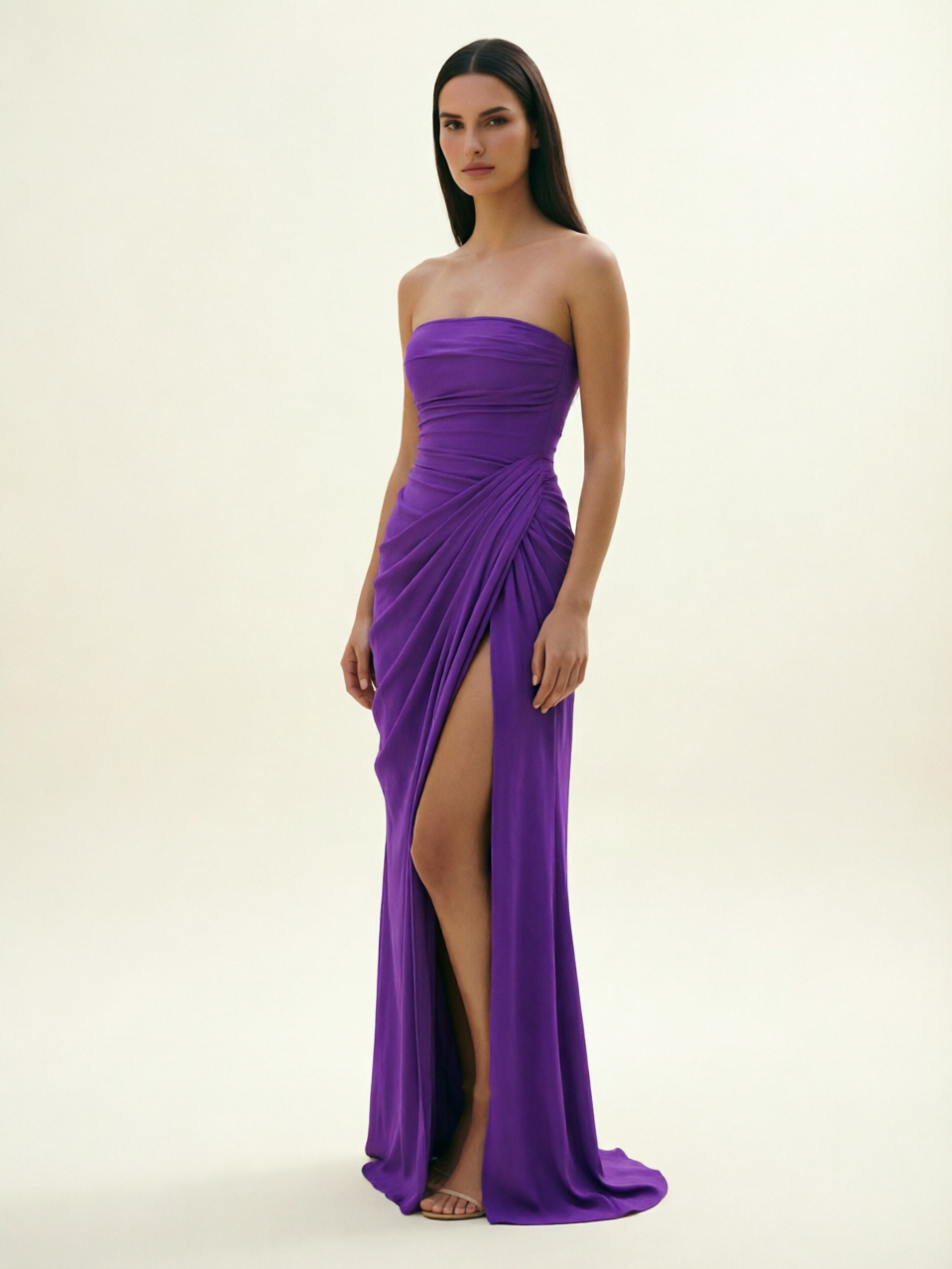 Strapless Ruched High Slit Maxi Dress