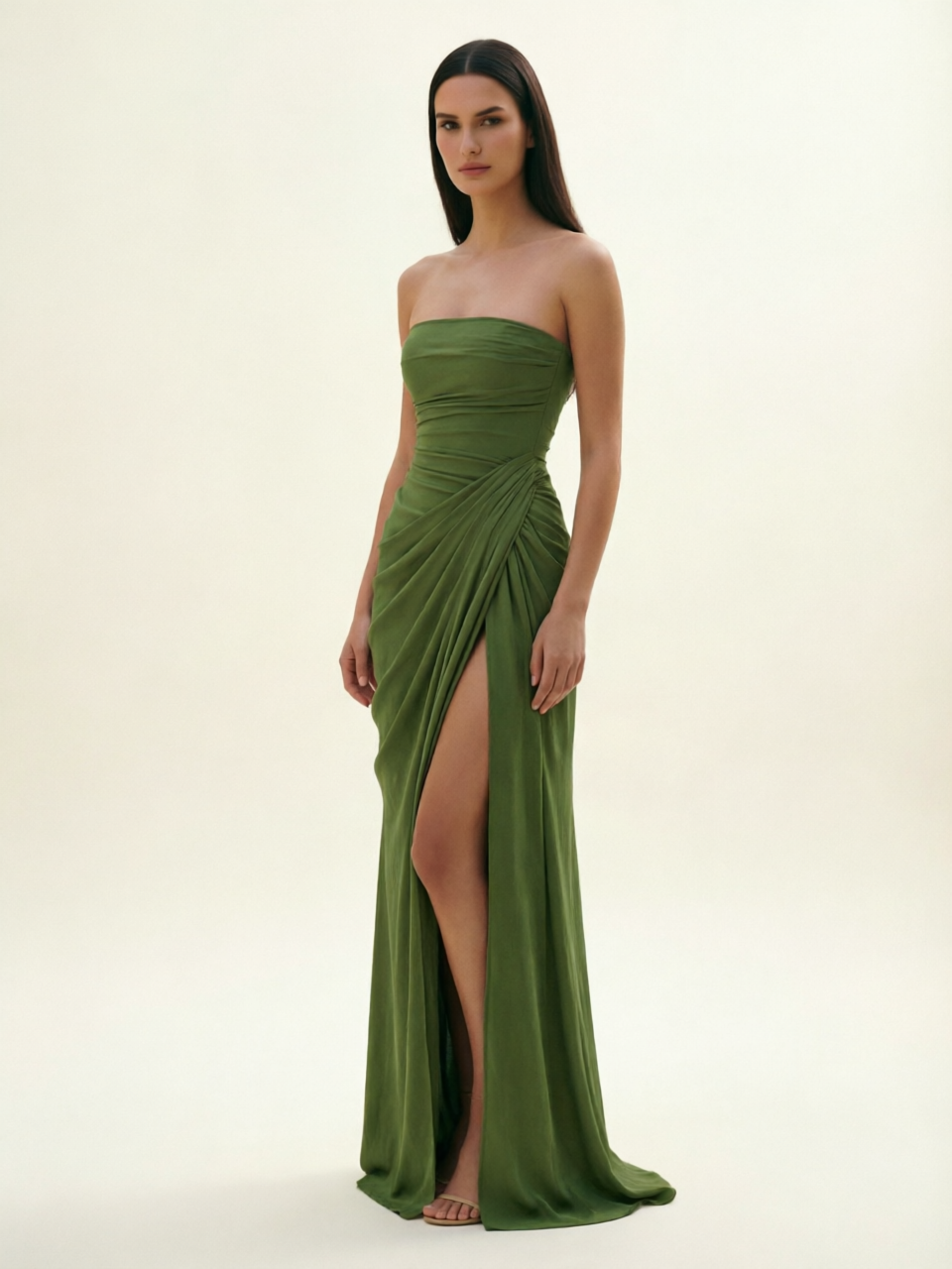 Strapless Ruched High Slit Maxi Dress