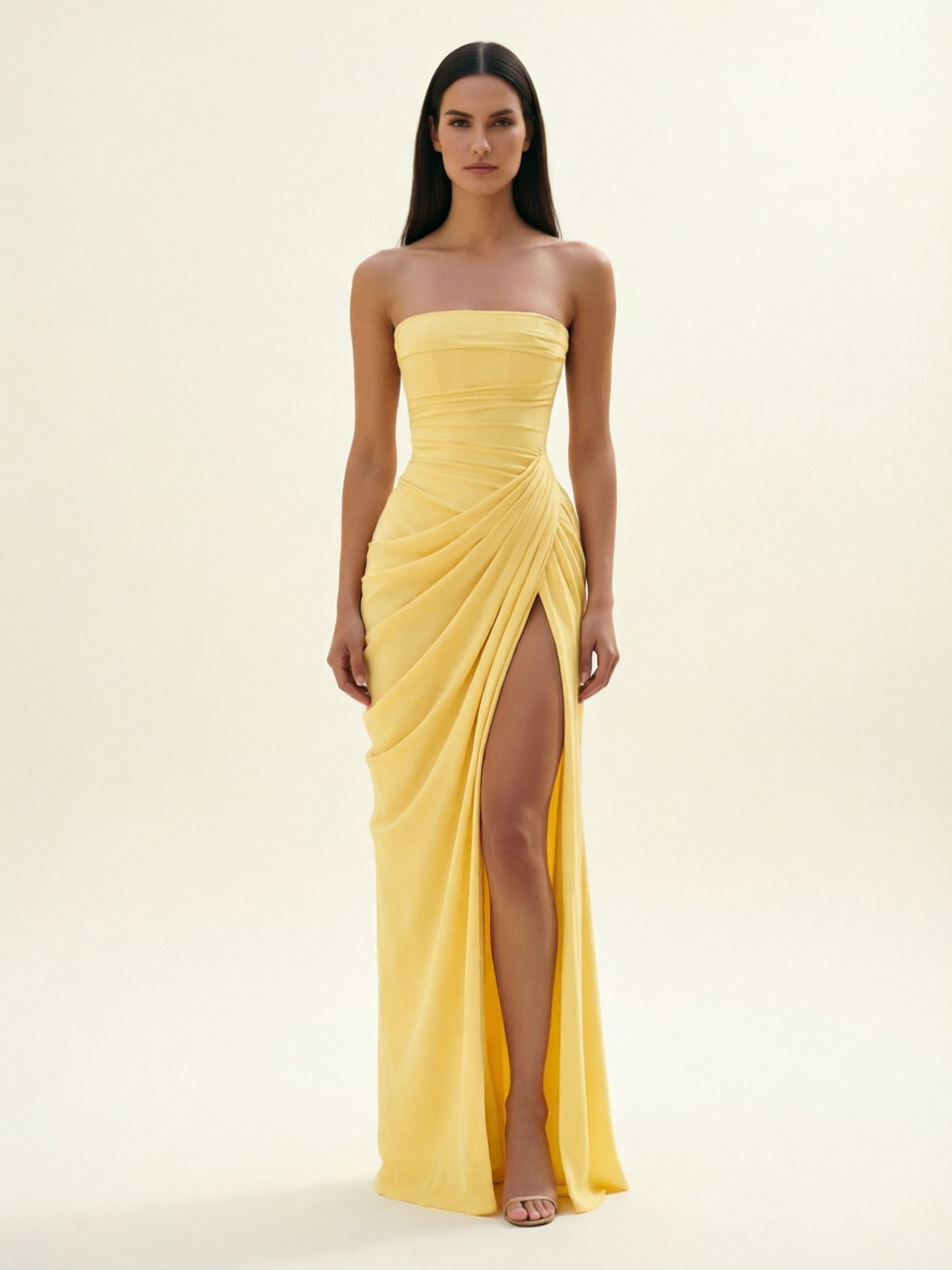 Strapless Ruched High Slit Maxi Dress