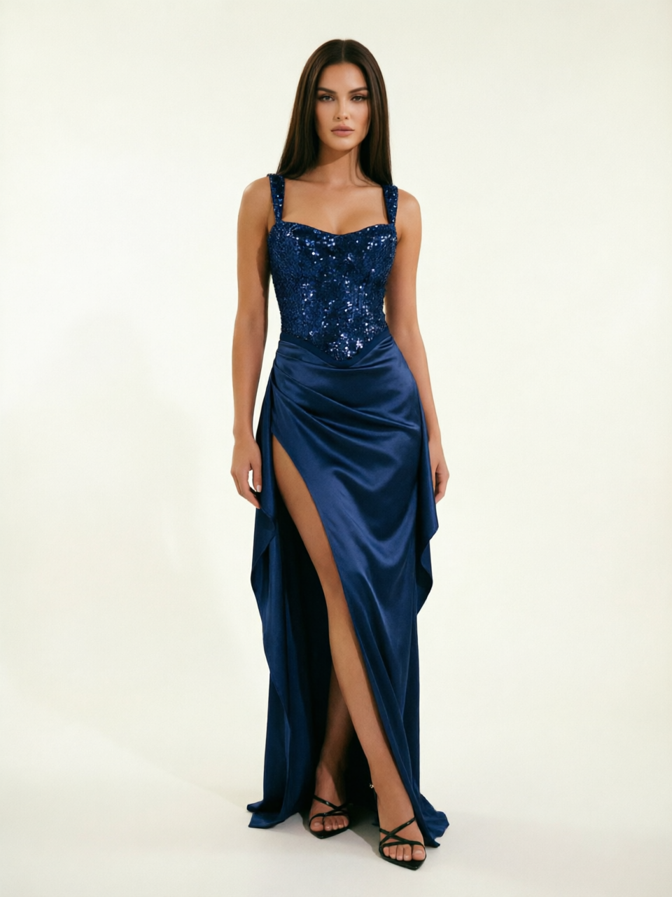 Sequin Corset Satin High Slit Formal Maxi Dress