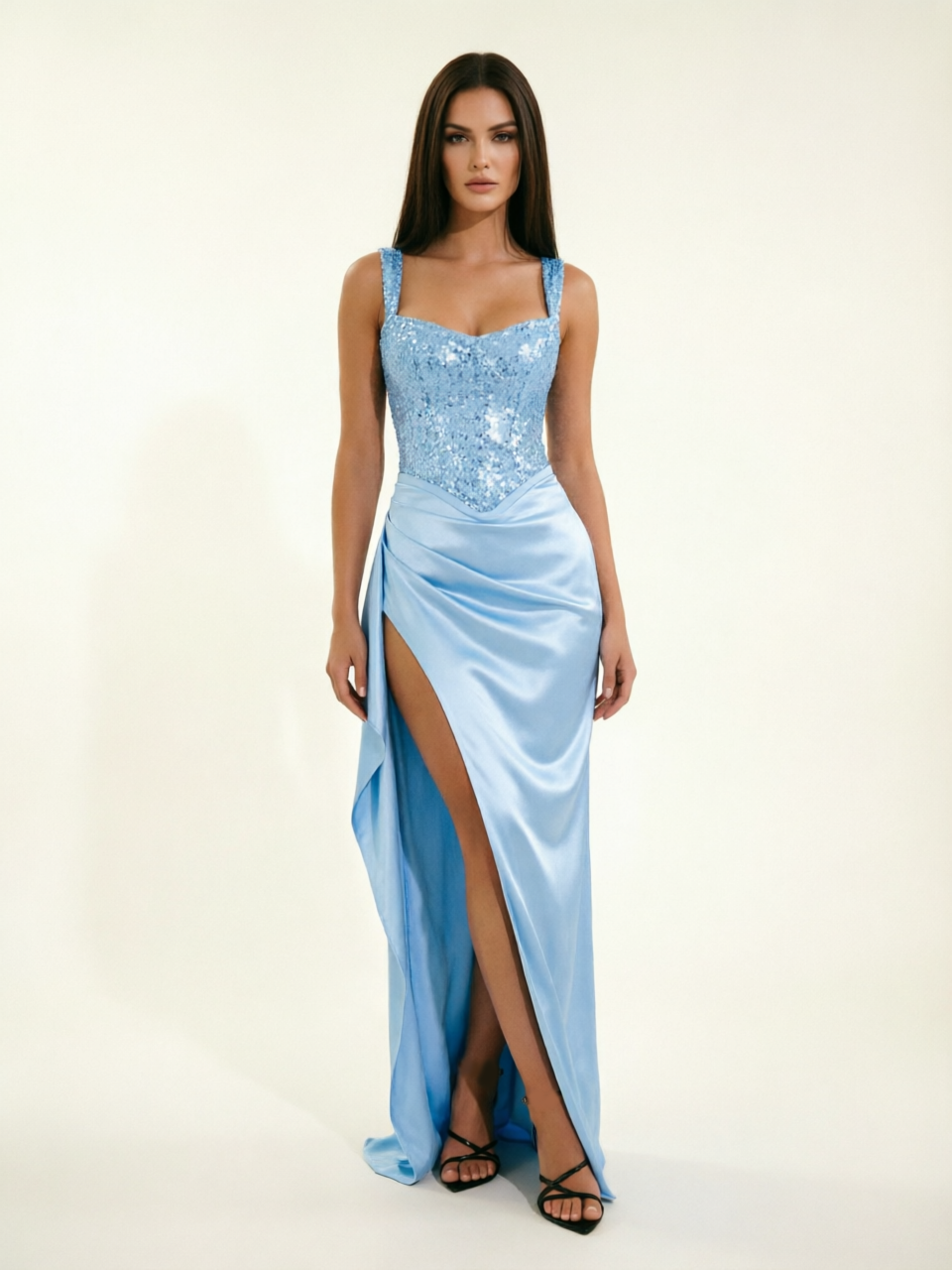 Sequin Corset Satin High Slit Formal Maxi Dress