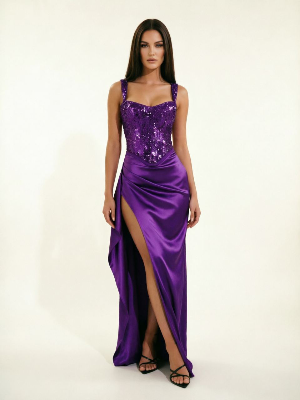 Sequin Corset Satin High Slit Formal Maxi Dress