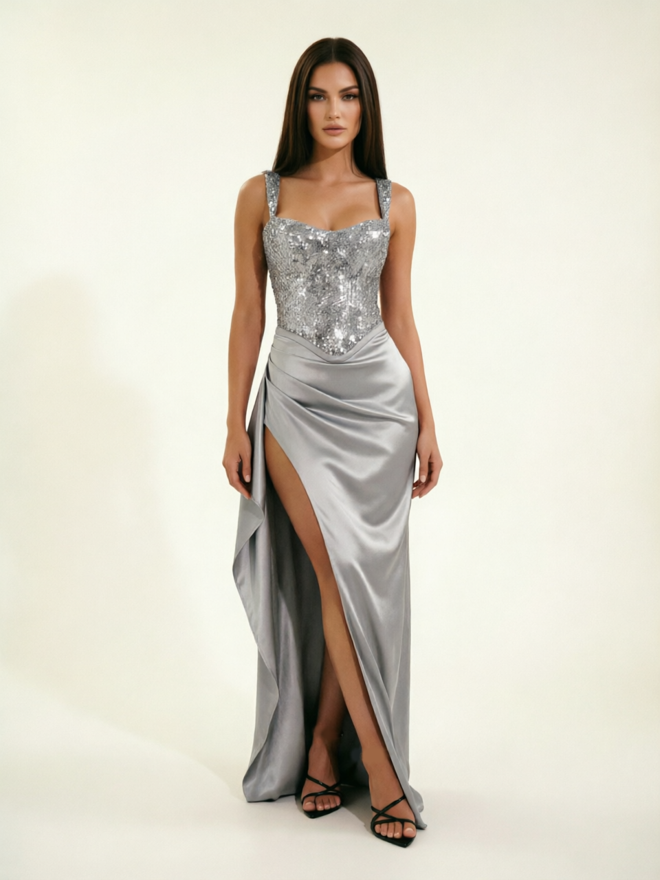 Sequin Corset Satin High Slit Formal Maxi Dress