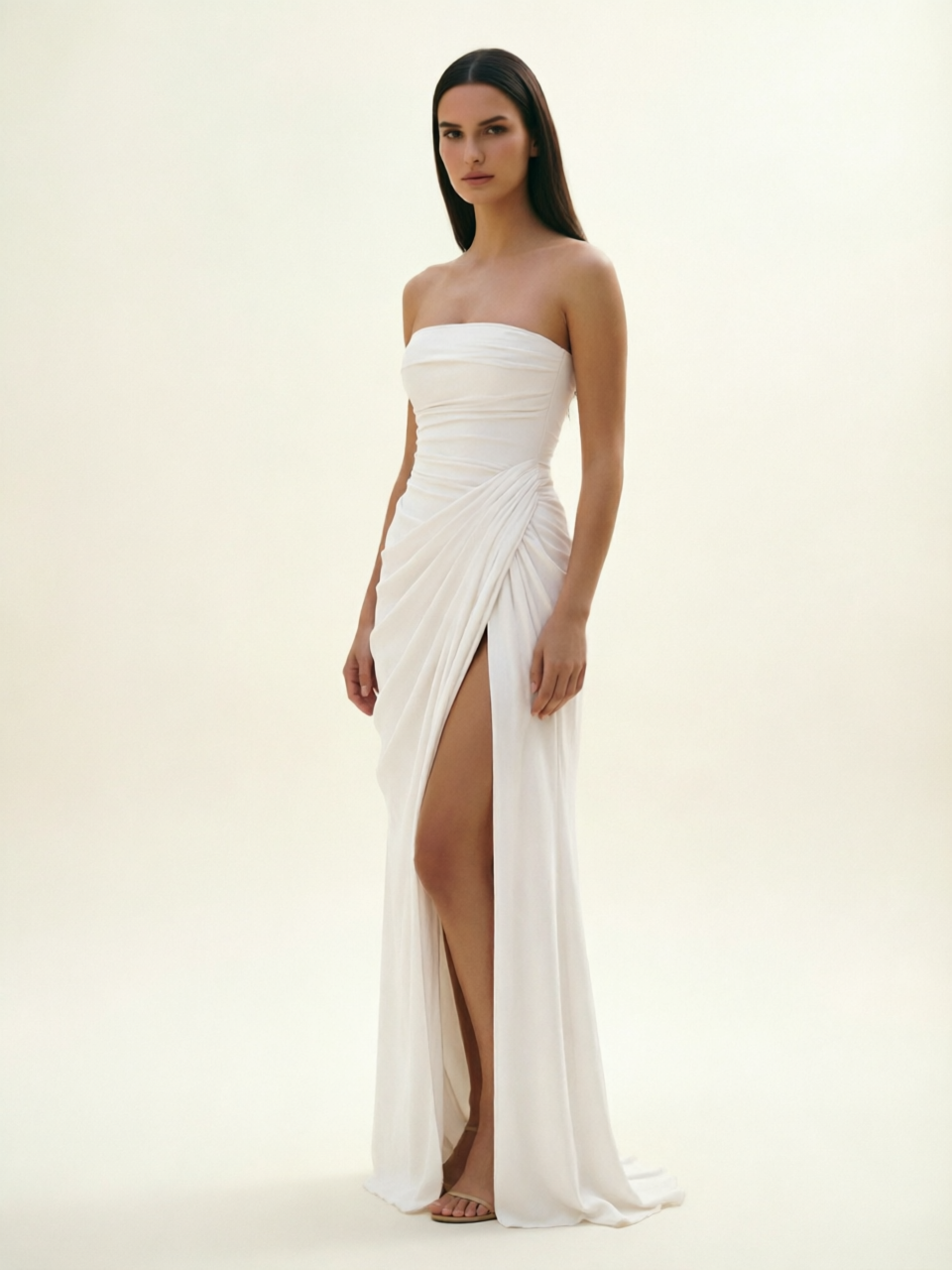 Strapless Ruched High Slit Maxi Dress