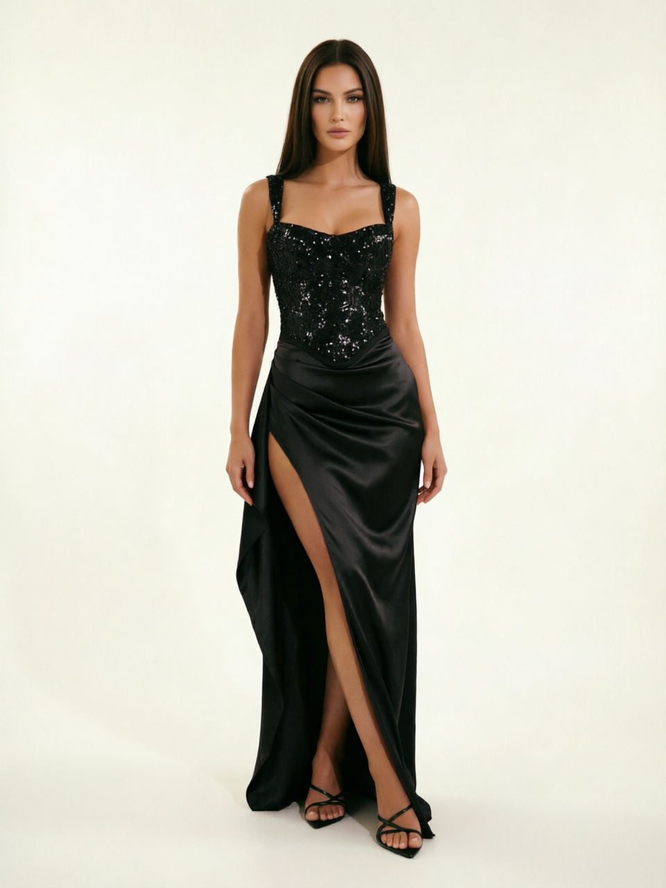 Sequin Corset Satin High Slit Formal Maxi Dress