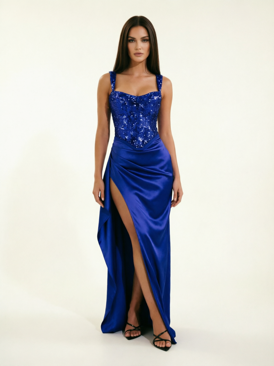 Sequin Corset Satin High Slit Formal Maxi Dress