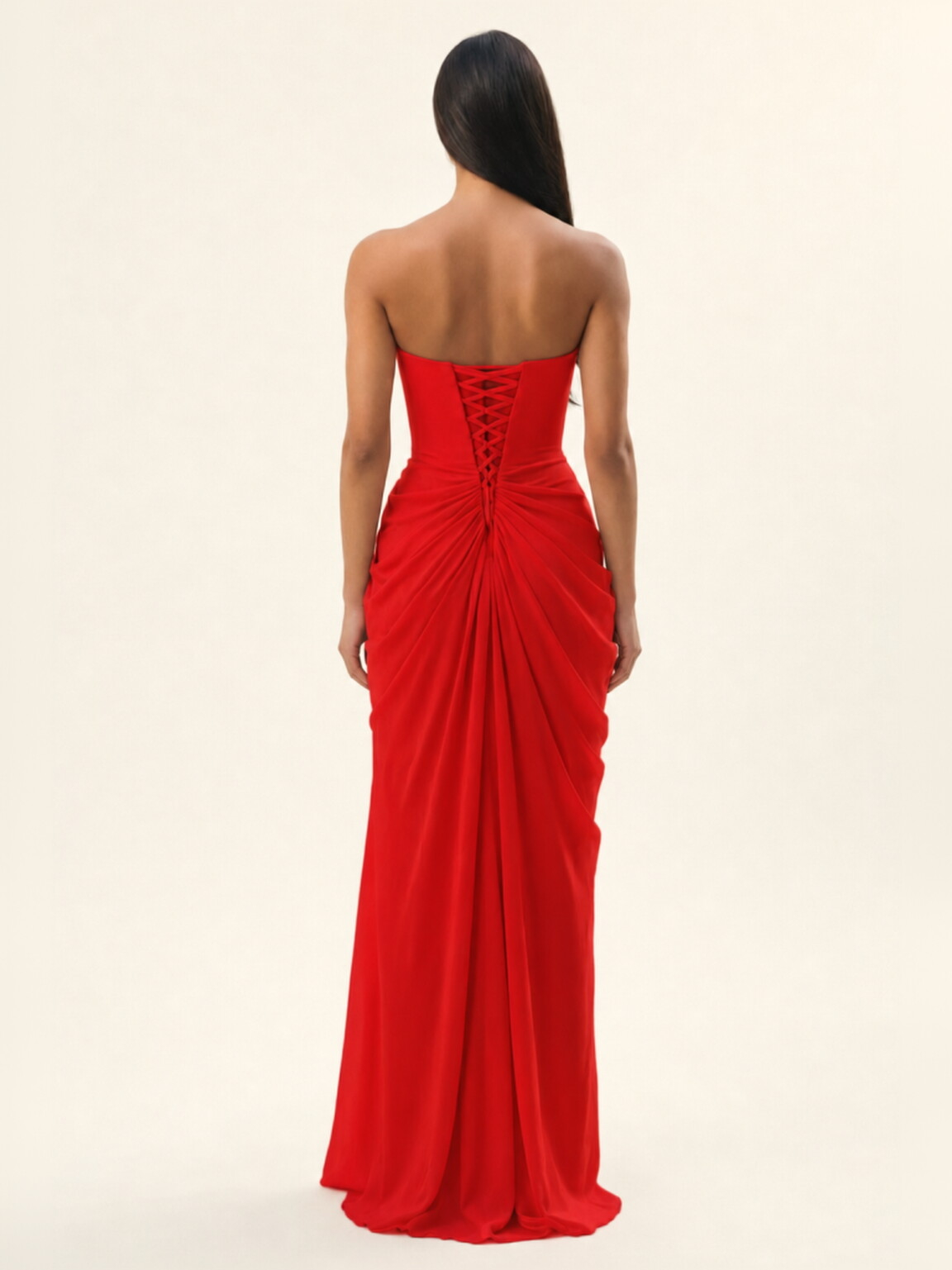 Strapless Ruched High Slit Maxi Dress
