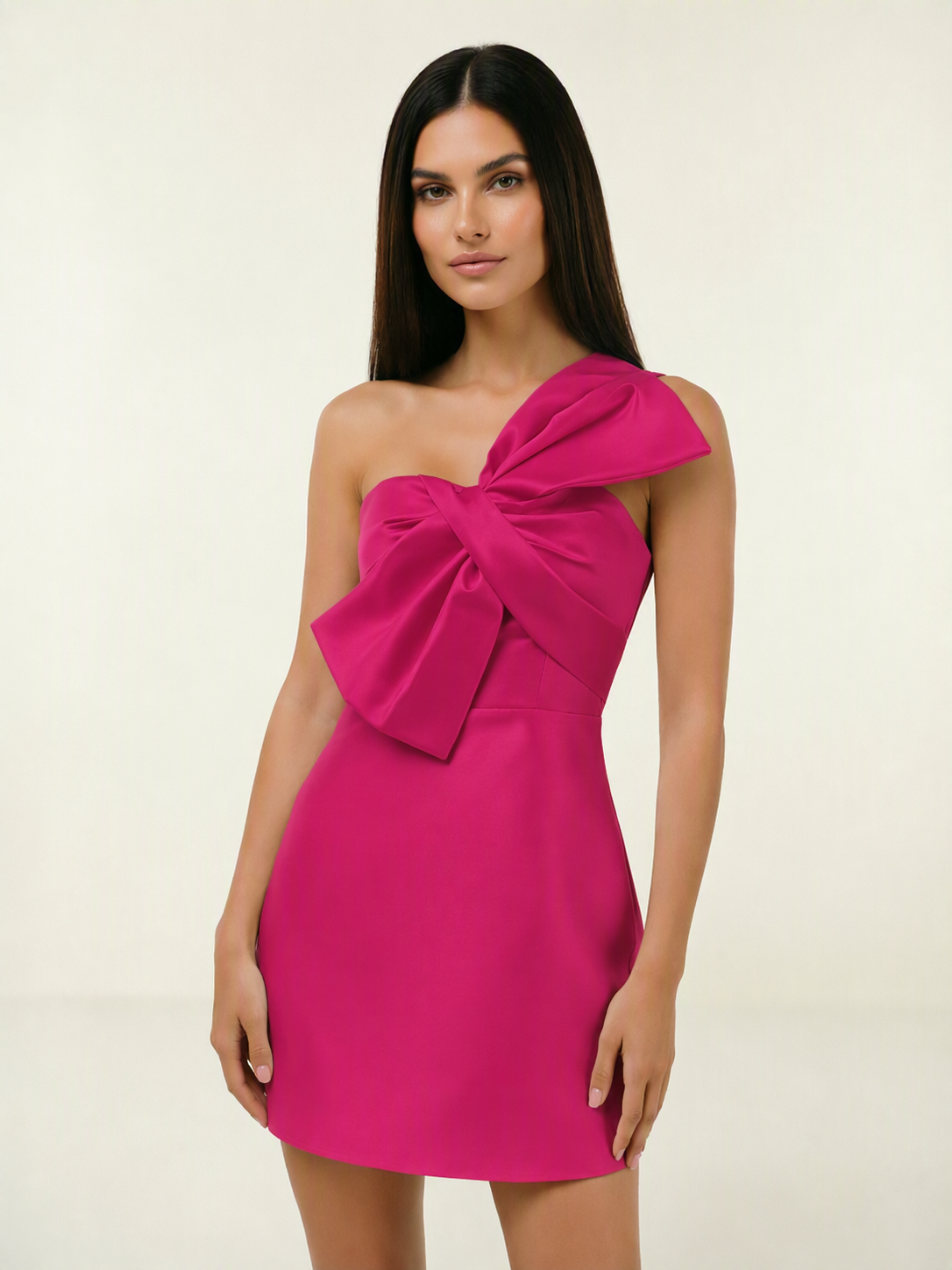 One Shoulder Oversized Bow Satin Mini Dress