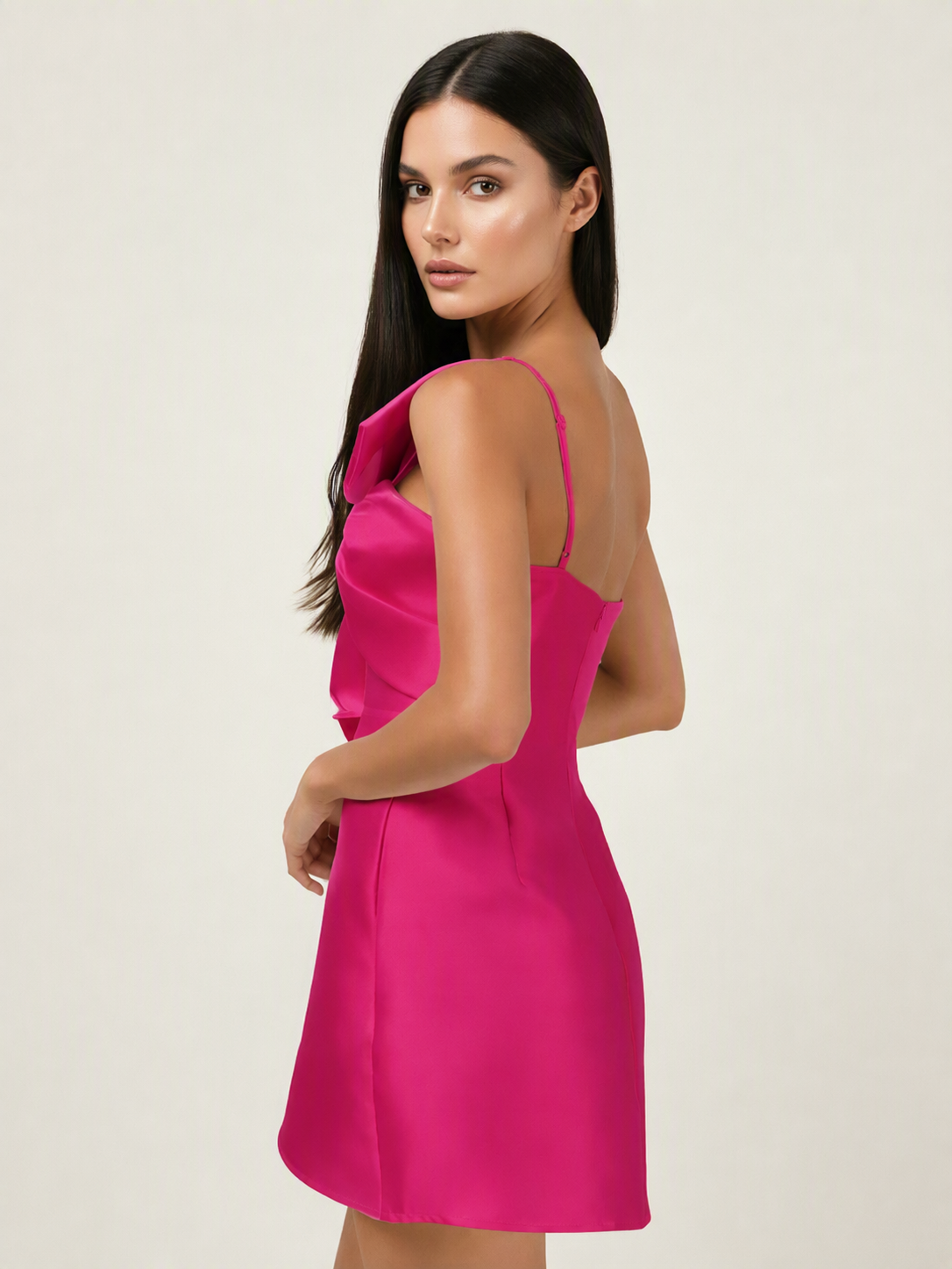 One Shoulder Oversized Bow Satin Mini Dress