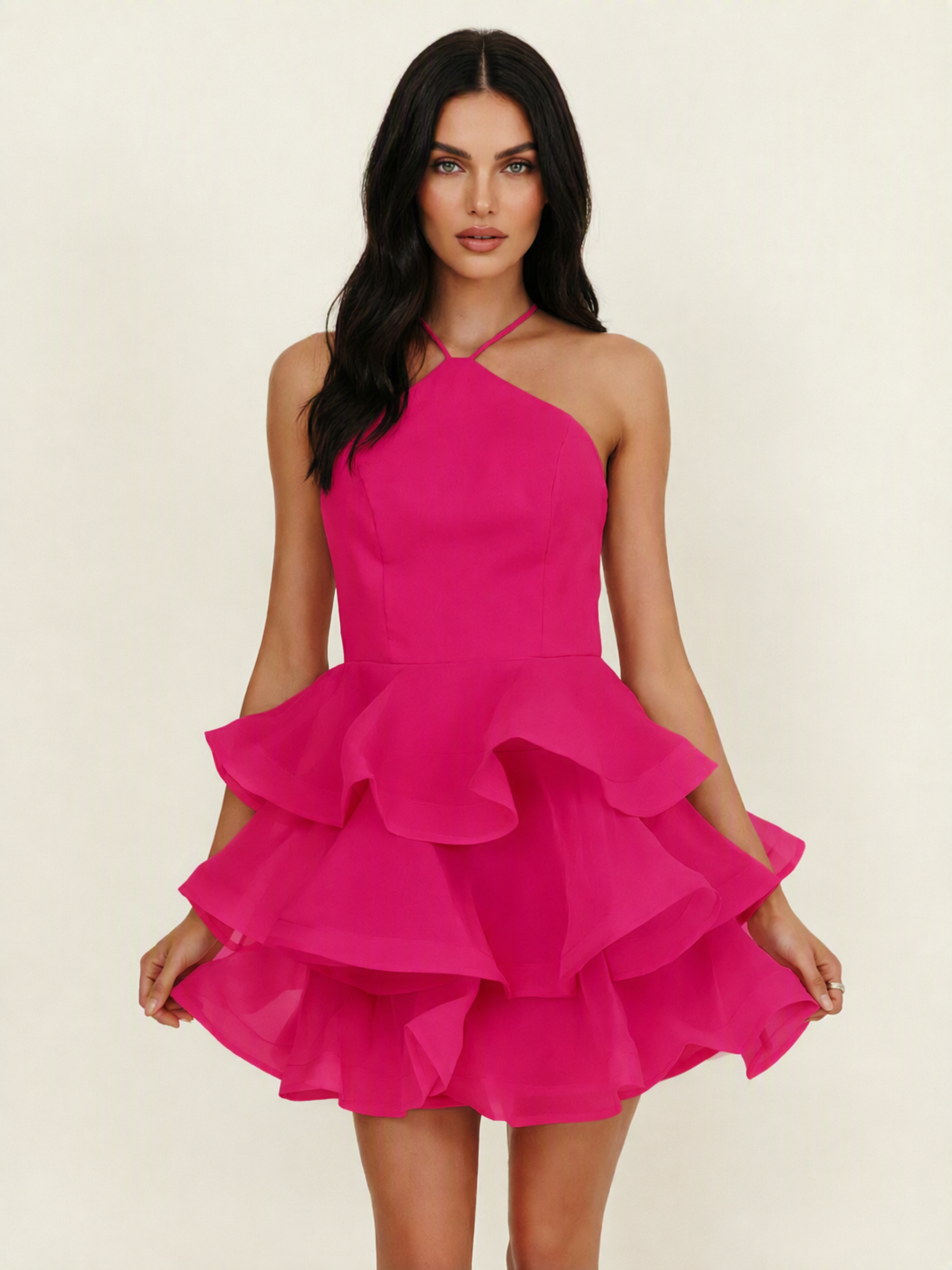 Halter Tiered Ruffle Mini Dress Lace Up Back Cocktail Party Gown