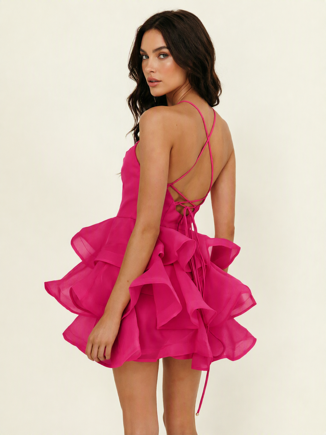 Halter Tiered Ruffle Mini Dress Lace Up Back Cocktail Party Gown